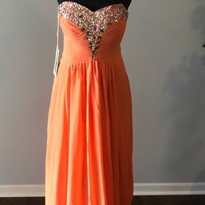Peach Strapless Embellished Chiffon Long Dress